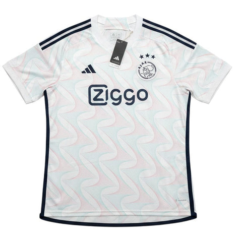 Garrincha Shirts Ajax 2023 away football jersey in white with a subtle wavy pattern and navy blue accents.