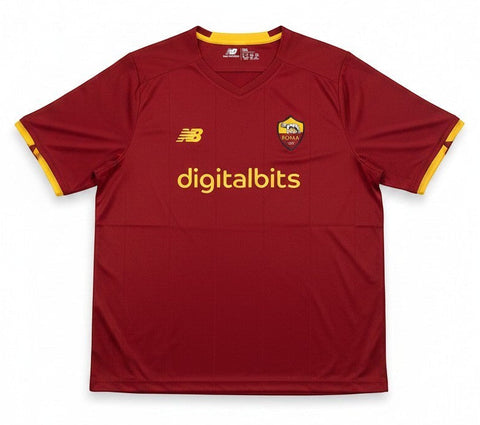Garrincha Shirts AS Roma 2021 home jersey in deep red with yellow accents, New Balance logo, and DigitalBits sponsor.