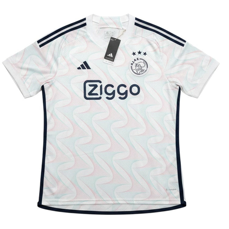 Garrincha Shirts Ajax 2023 away football jersey in white with a subtle wavy pattern and navy blue accents.