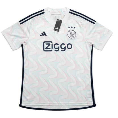Garrincha Shirts Ajax 2023 away football jersey in white with a subtle wavy pattern and navy blue accents.