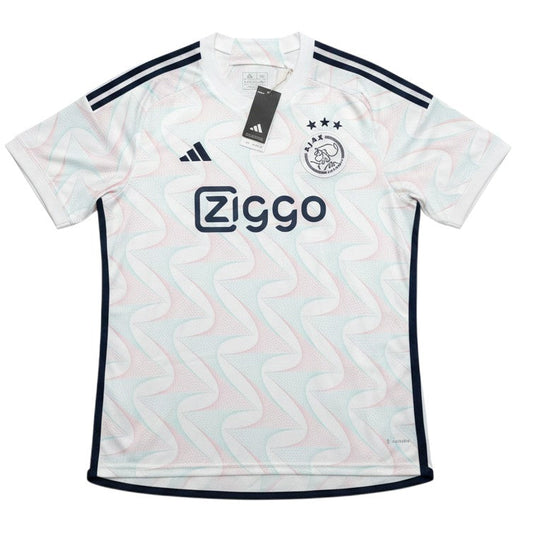 Garrincha Shirts Ajax 2023 away football jersey in white with a subtle wavy pattern and navy blue accents.