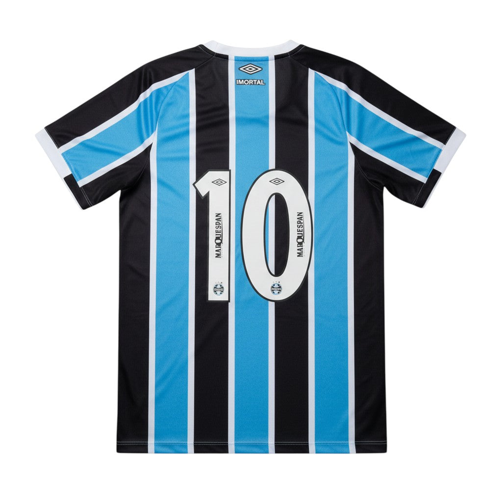 Garrincha Shirts 2014 Gremio home jersey back view with number 10 Imortal print and blue, black, and white stripes