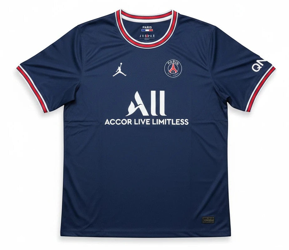 Garrincha Shirts navy blue PSG 2021-2022 home football jersey by Jordan with white Accor Live Limitless sponsor logo