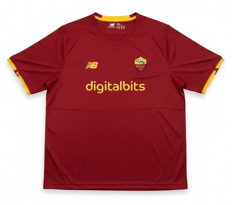 Garrincha Shirts AS Roma 2021 home jersey in deep red with yellow accents, New Balance logo, and DigitalBits sponsor.