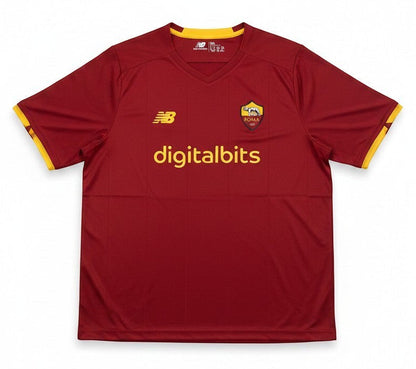Garrincha Shirts AS Roma 2021 home jersey in deep red with yellow accents, New Balance logo, and DigitalBits sponsor.