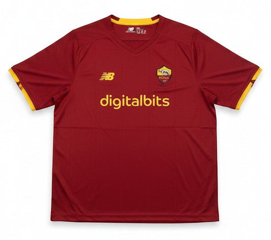 Garrincha Shirts AS Roma 2021 home jersey in deep red with yellow accents, New Balance logo, and DigitalBits sponsor.