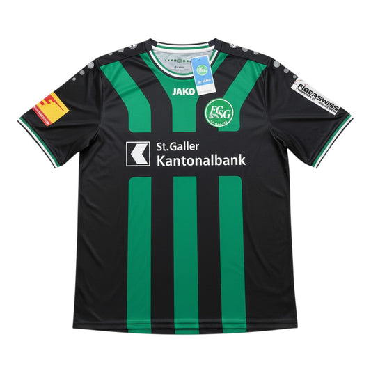 Garrincha Shirts FC St. Gallen 2017 home football jersey in black and green with sponsor logos and Jako branding.