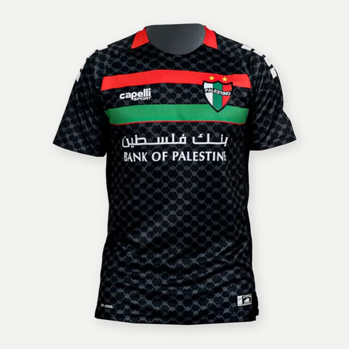 Camisa Palestino Away 2025 Capelli – preta com padrão kufiya e faixas nas cores da Palestina